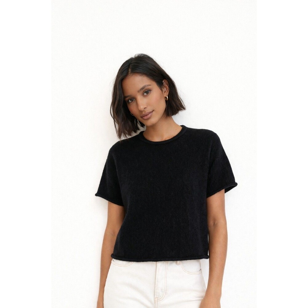 360 Cashmere Black Womens Size S Sweater Boxy Rolled  Edges Luxury Soft